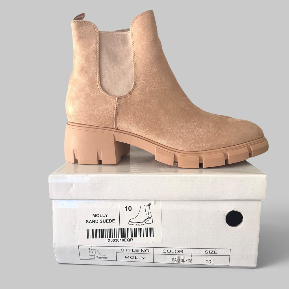 Molly Sand Suede Chunky Lug Sole Chelsea Boots Women 10 streetwear minimalist